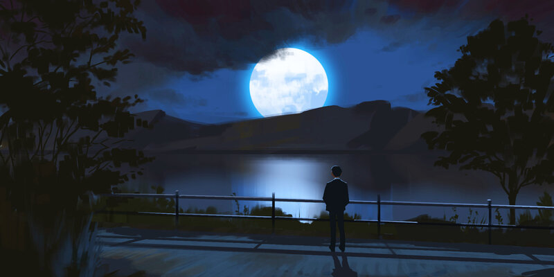 Man Standing by Lake — Blue