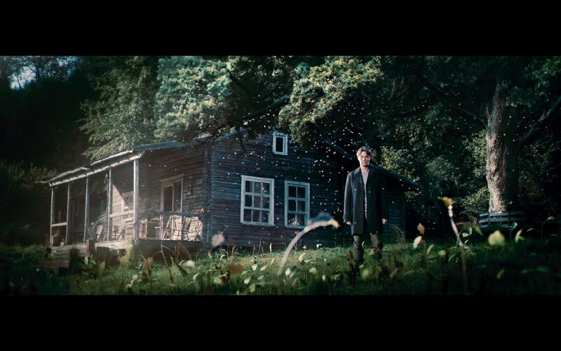 man stands before cabin