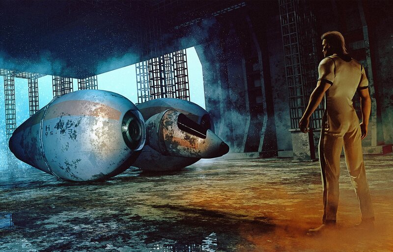 man stands before crashed pod