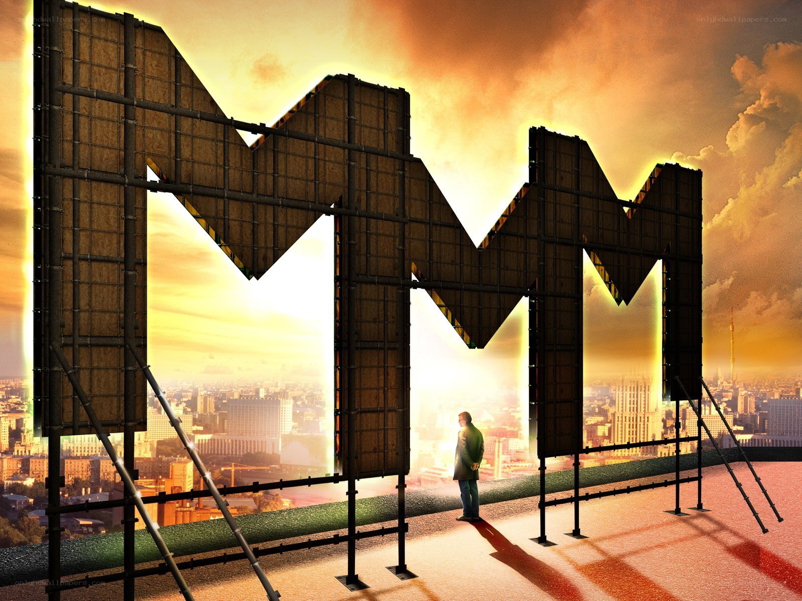 Man stands before giant M sign