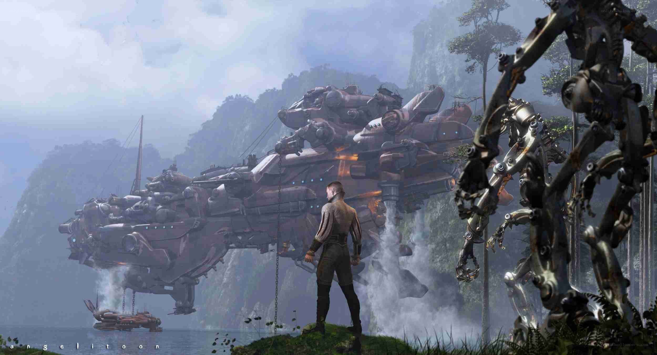 Man stands before giant mechs