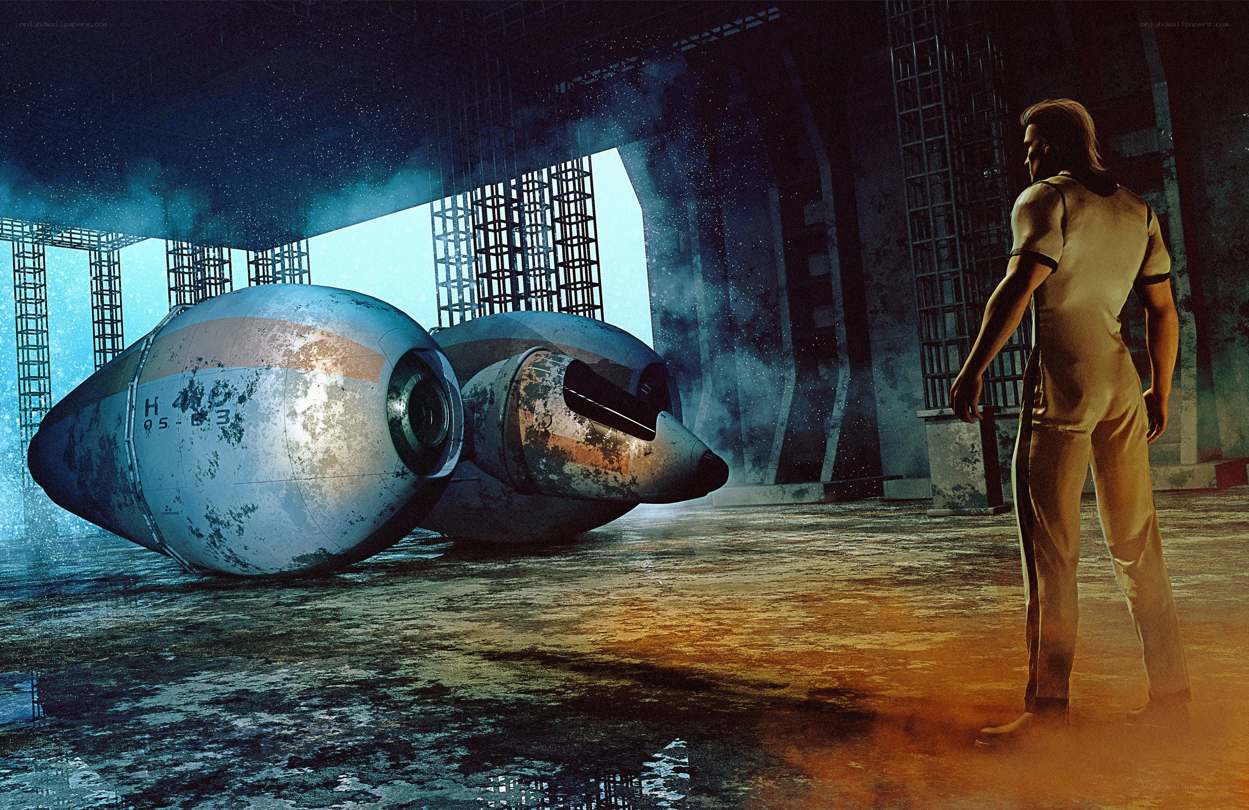 man stands near crashed capsule