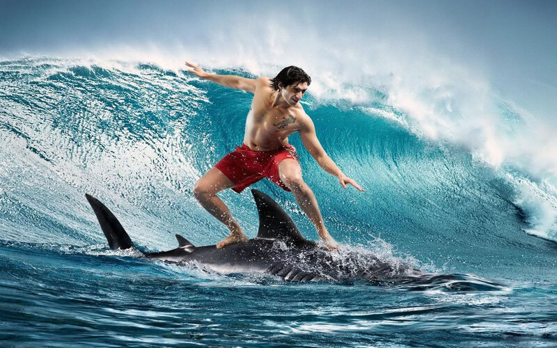Man Surfing on Shark — Blue