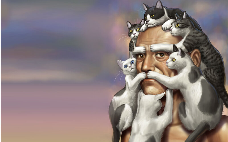 man surrounded by cats