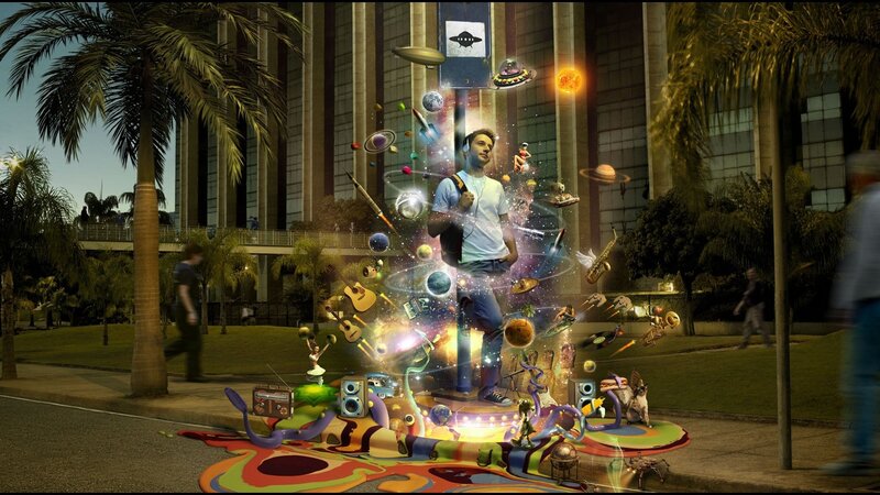 man surrounded by cosmic objects