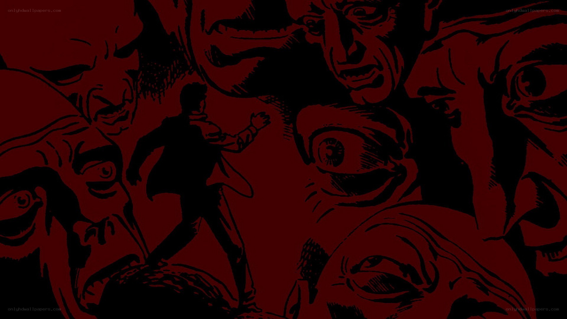 man surrounded by faces