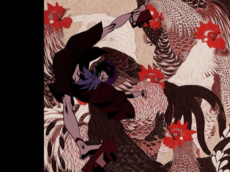 man surrounded by roosters