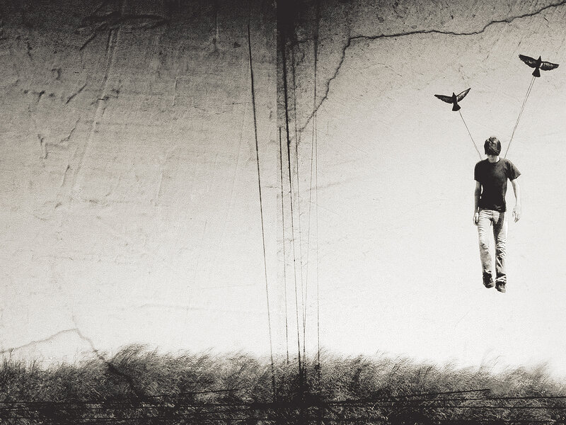 Man suspended by birds