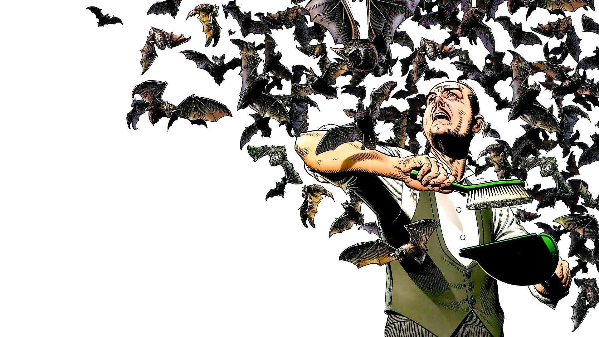 man swatting bats with broom