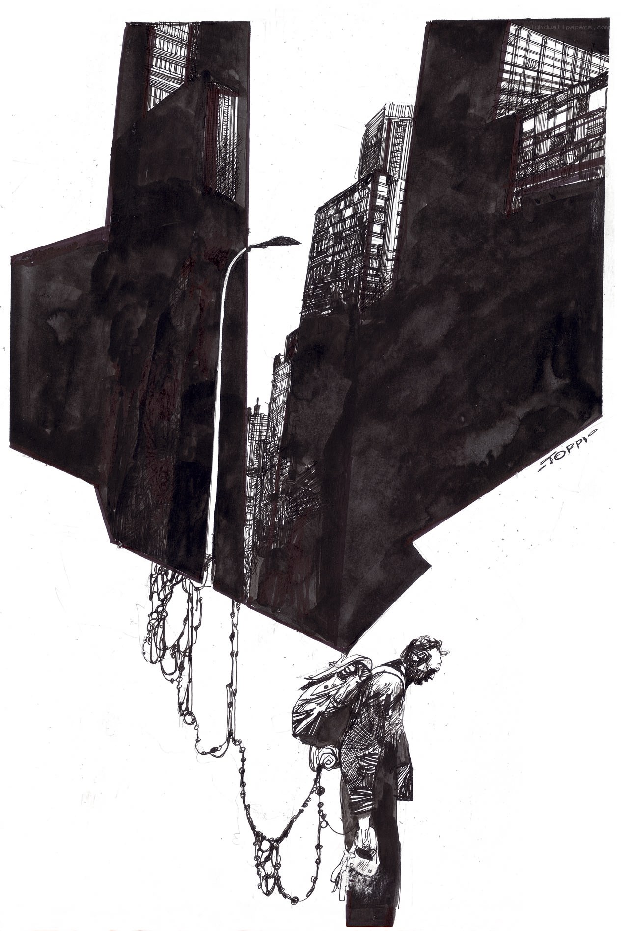 man under collapsing buildings