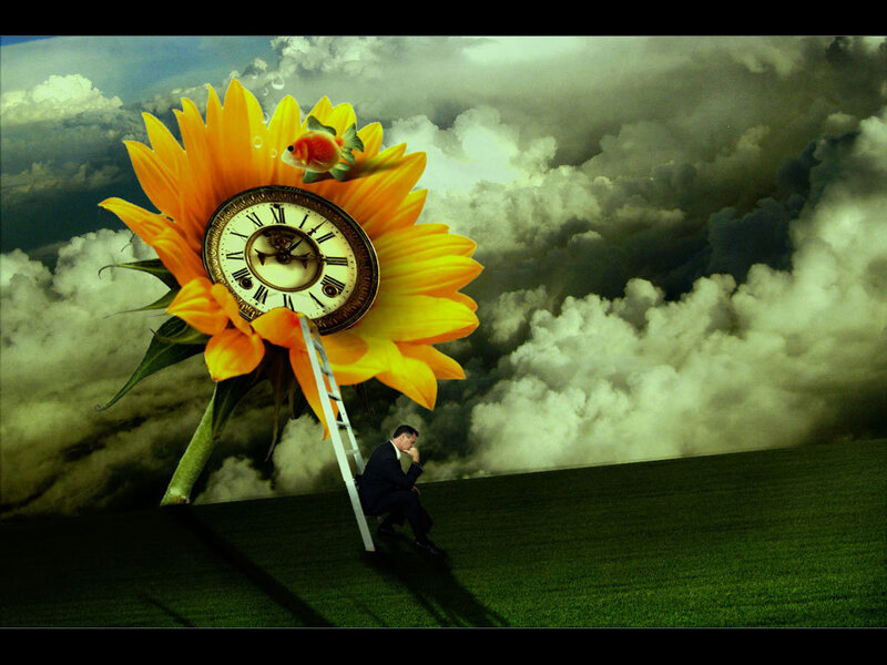 man under giant sunflower clock