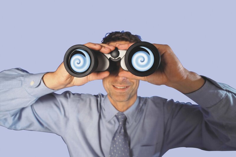 Man Using Binoculars — Blue, Curious