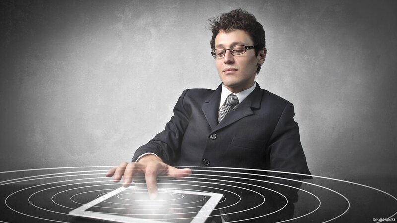 man using futuristic tablet interface
