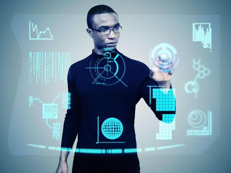 Man Using Holographic Interface — Blue