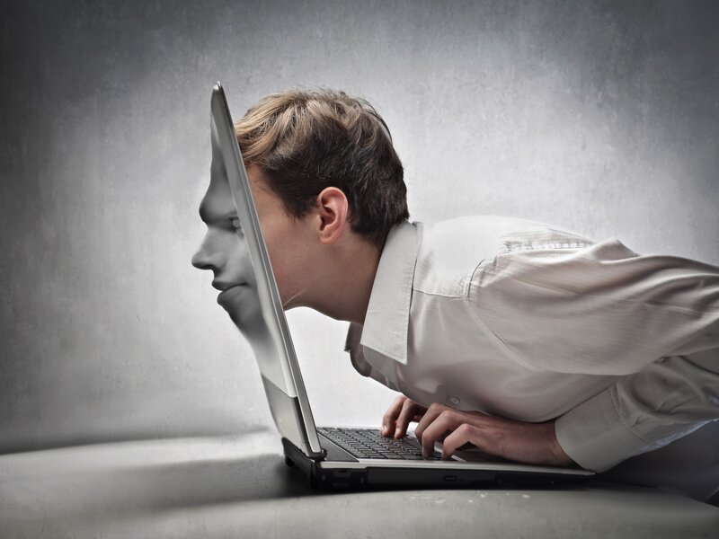 Man Using Laptop — Gray, Dramatic, Photograph, Shirt