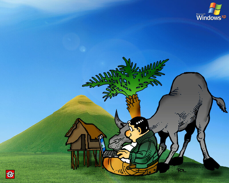 Man using laptop with animals