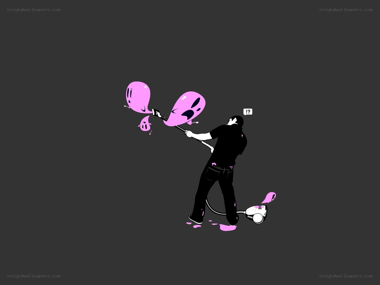man vacuuming pink ghosts