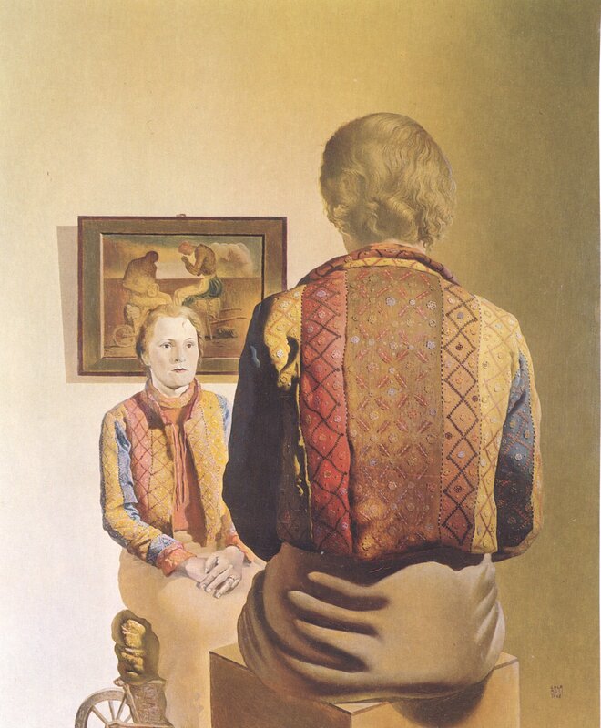 Man viewing a painting of himself
