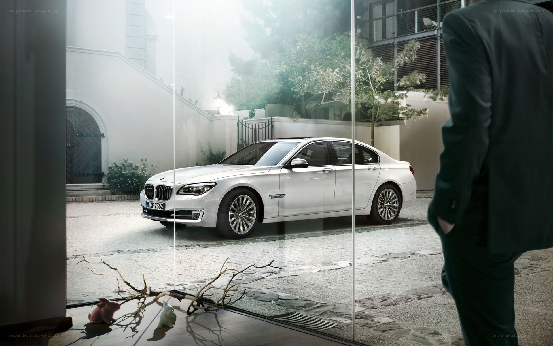 Man viewing white BMW sedan