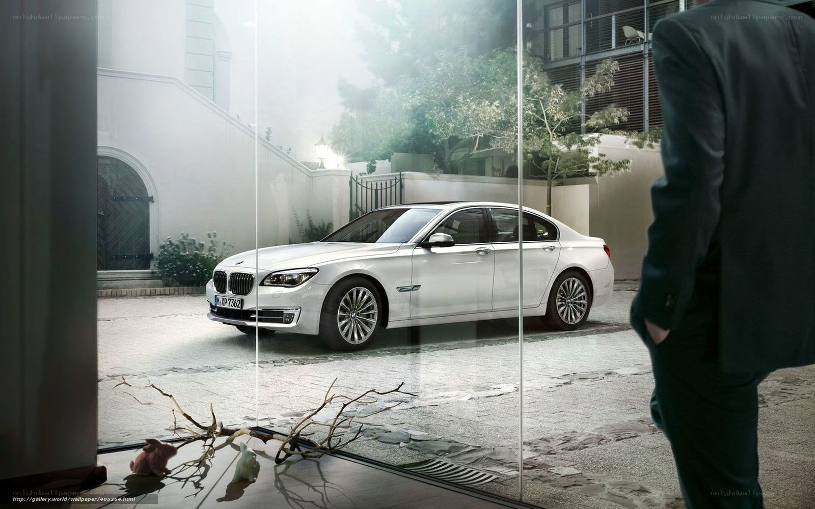 Man viewing white BMW sedan