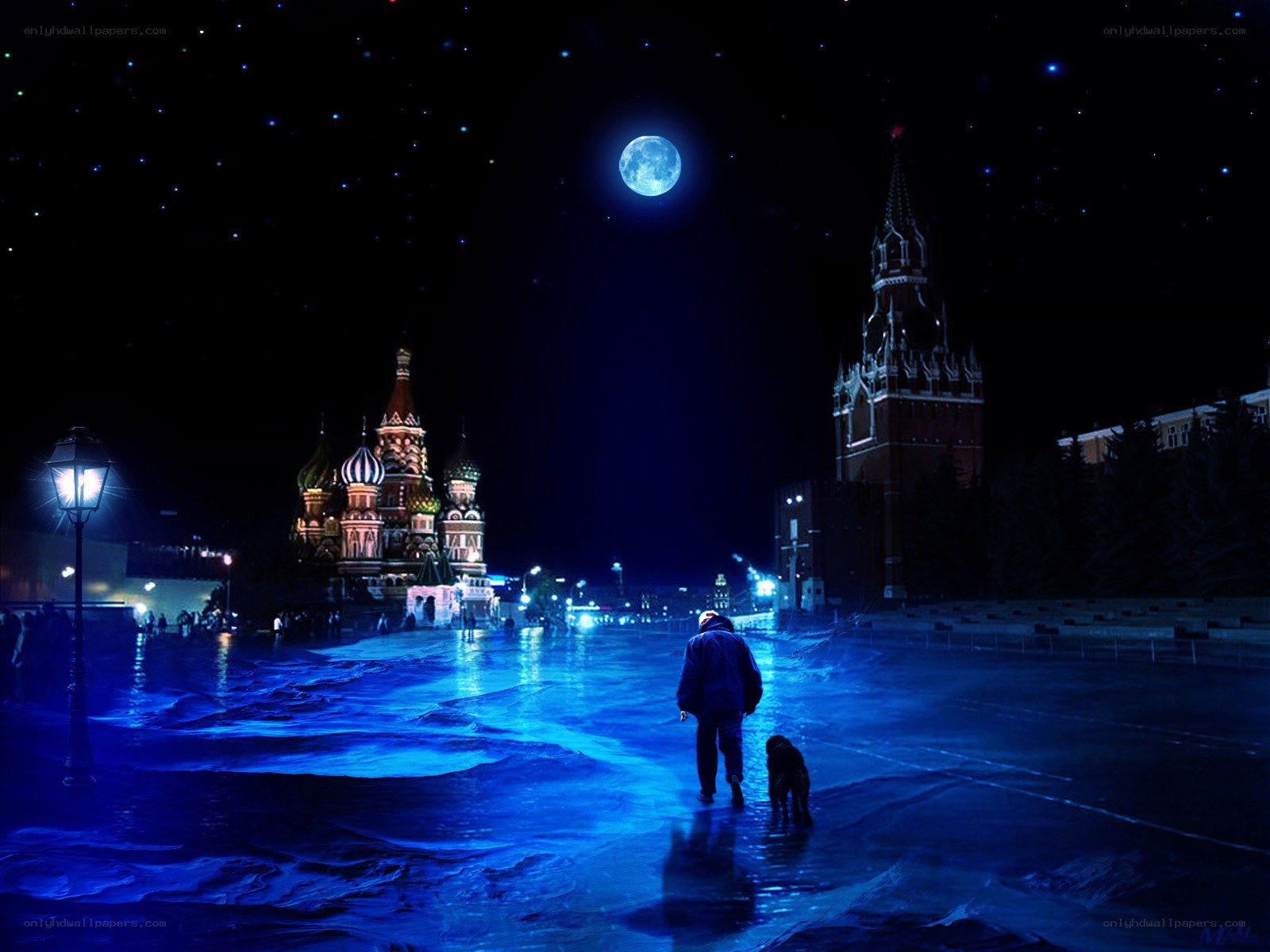 Man walking dog at night