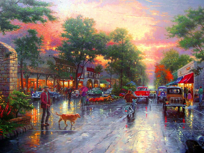 Man Walking Dog in Rain — Red