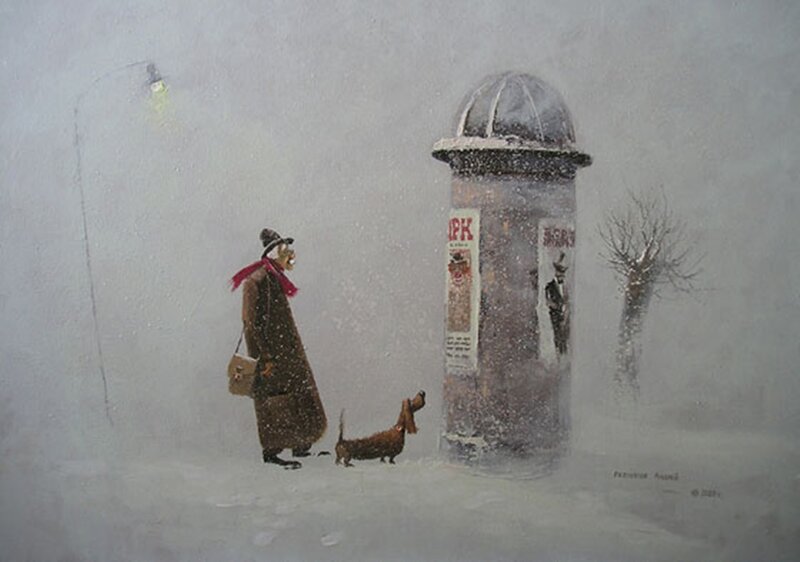 Man Walking Dog in Snow