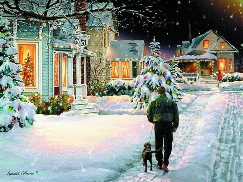 Man Walking Dog in Snow — White