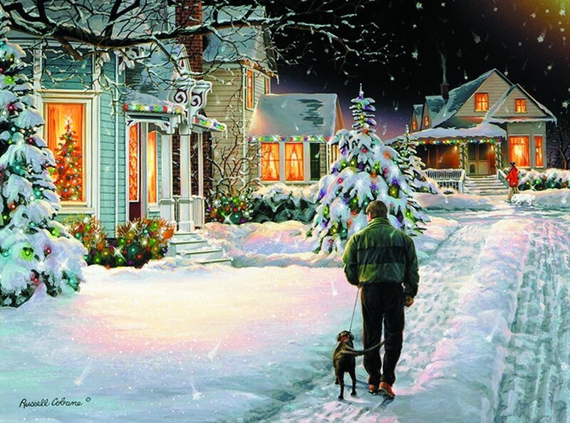 Man walking dog in snowy neighborhood