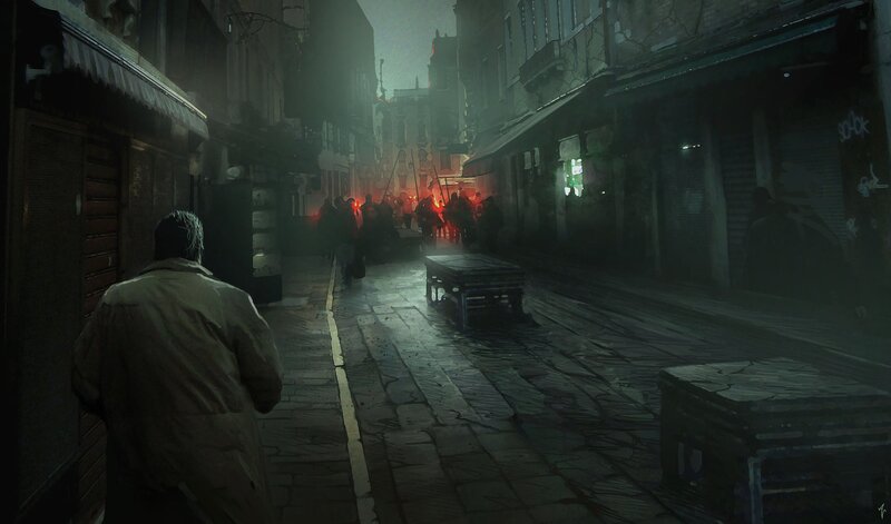 Man Walking Down Alley — Gray, Dark, Tense