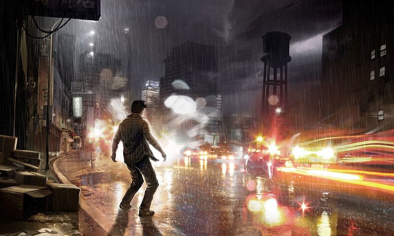 Man walking in rainy city