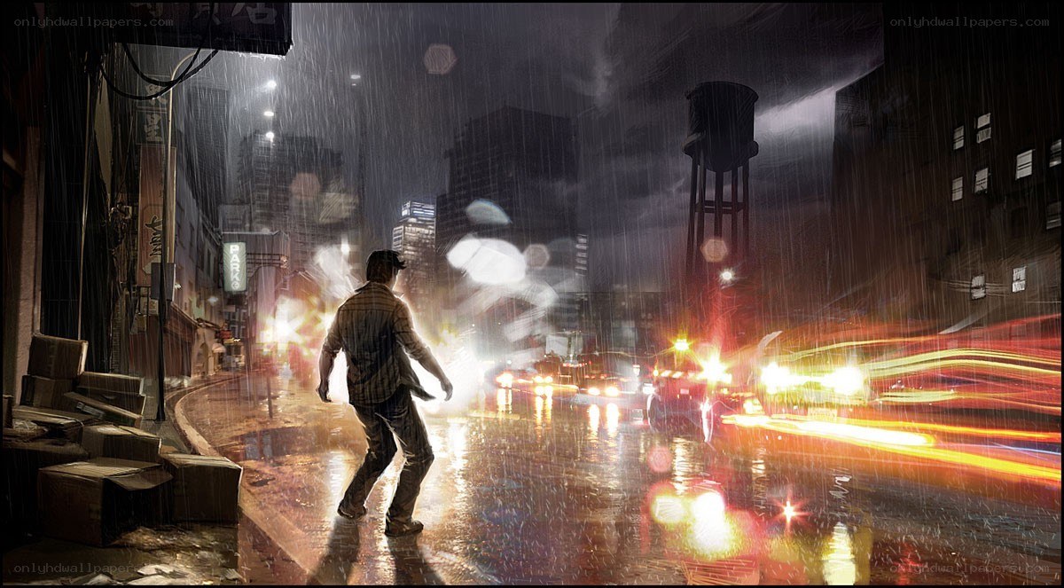 Man walking in rainy city street
