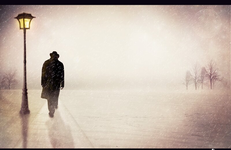 Man Walking in Snow — White