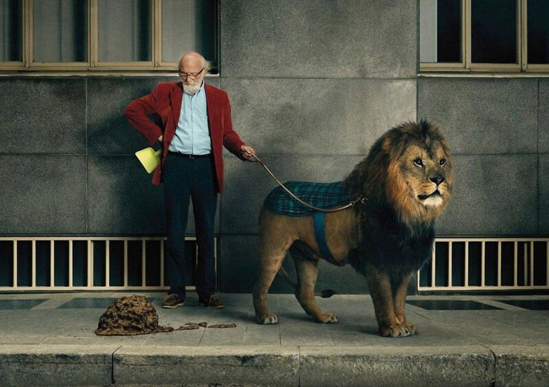 Man Walking Lion — Gray, Dramatic
