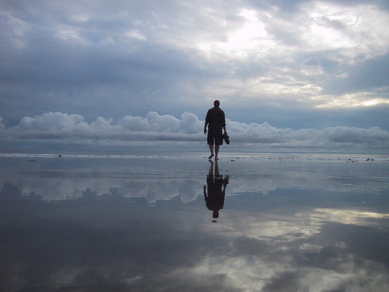 Man Walking on Beach — Gray