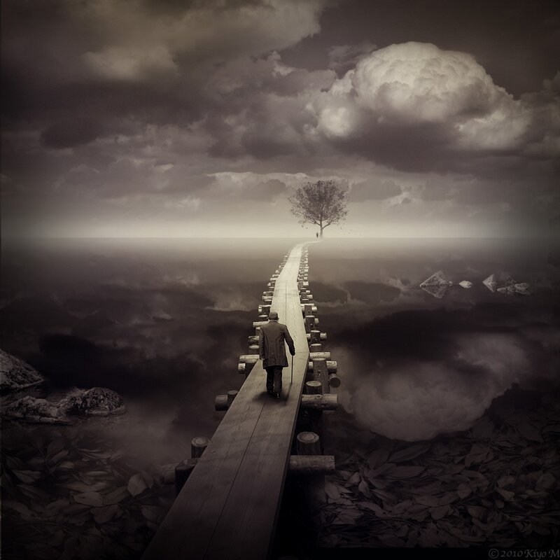 Man Walking on Bridge — Gray, Dramatic