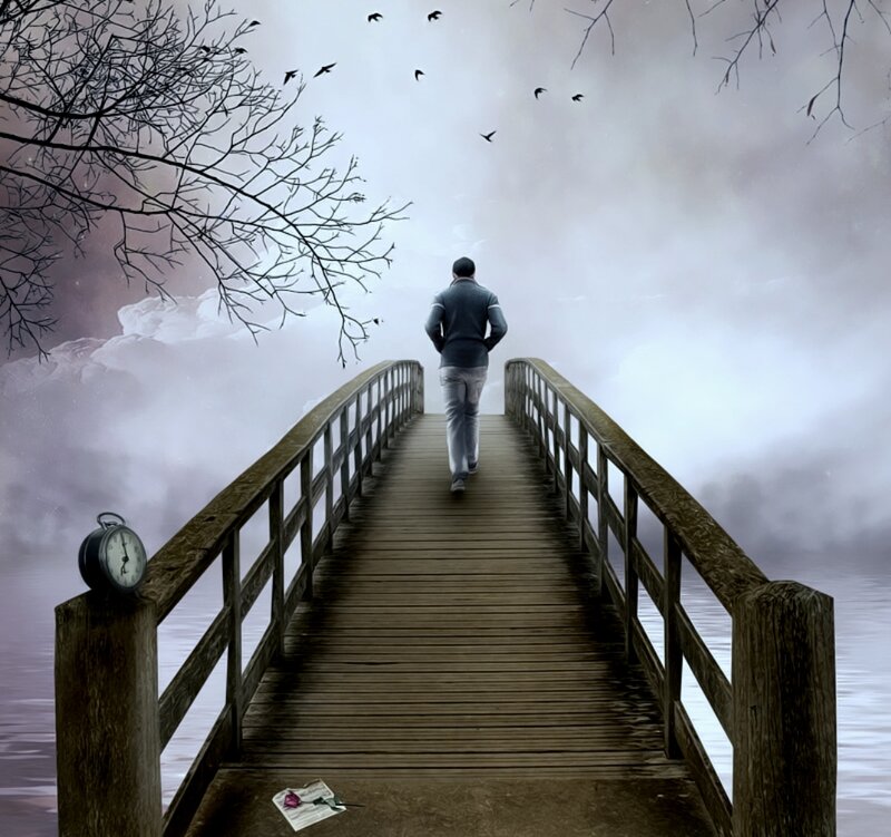 Man Walking on Bridge — Gray