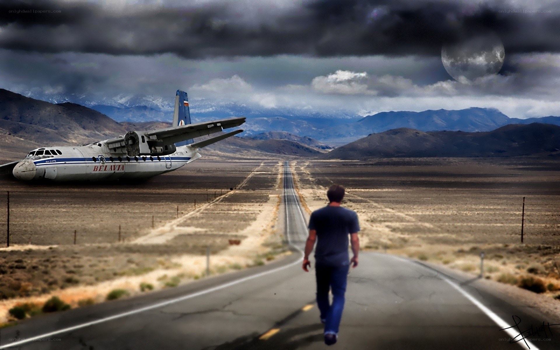 Man walking on desert road