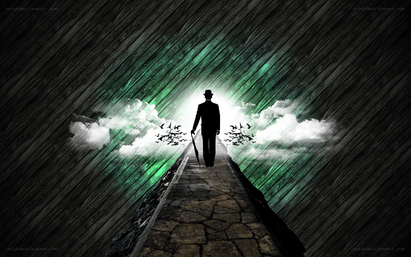 man walking on path to light