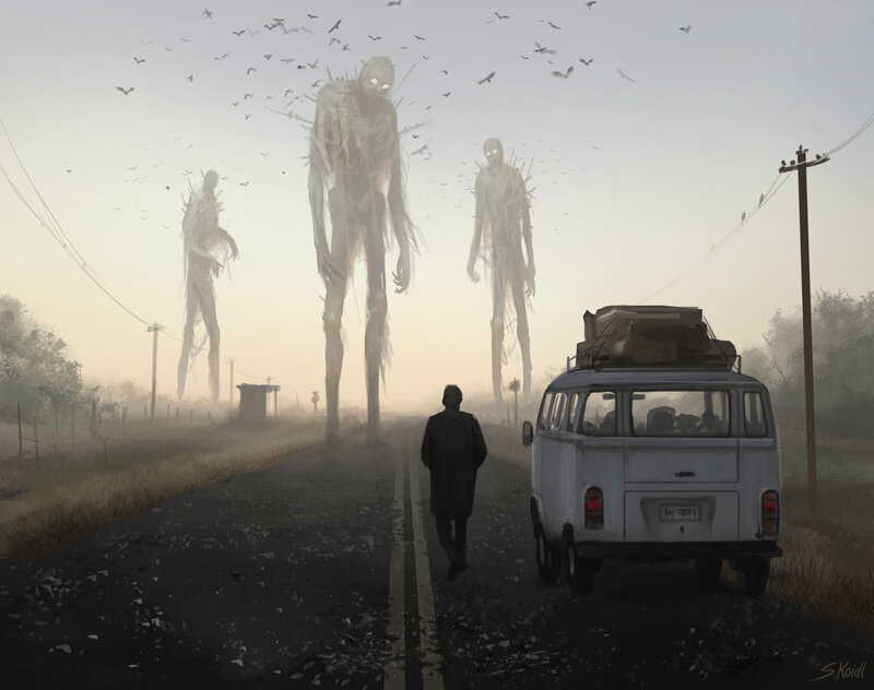Man Walking on Road — Gray, Dramatic, Morning, Digital Art