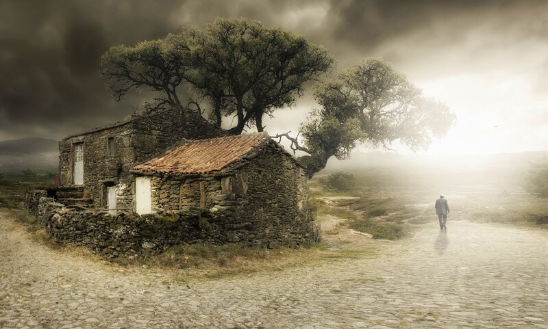 Man Walking on Road — Gray, Dramatic, Morning
