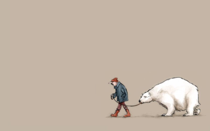 man walking polar bear