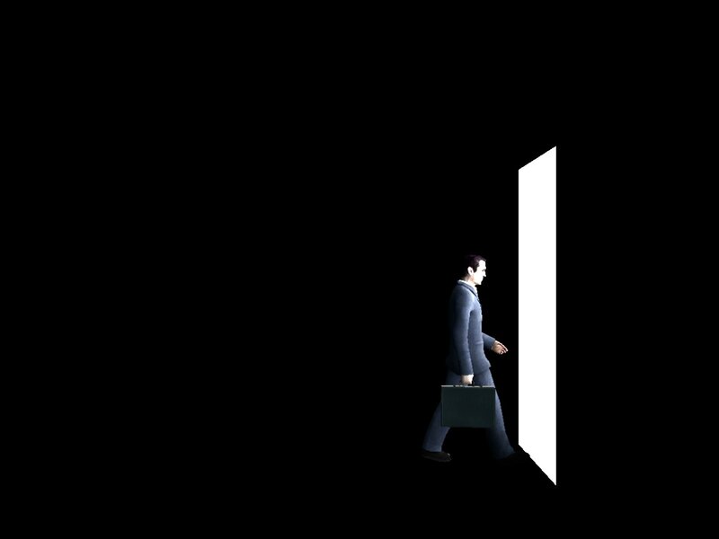 man walking through door
