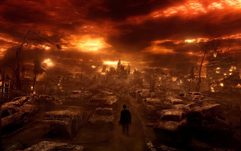 Man Walking Through Ruins