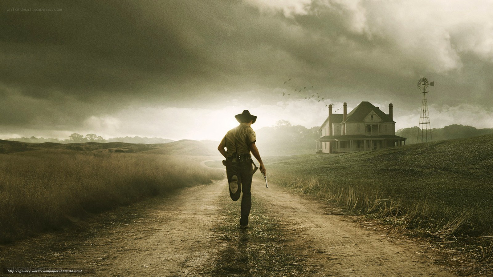 Man walking toward farmhouse