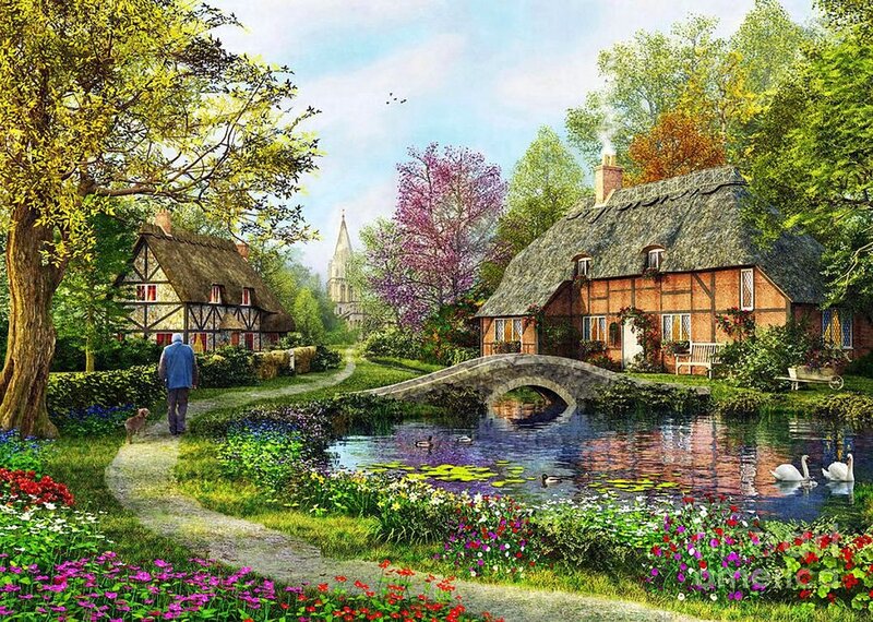 Man Walking with Dog — Green, Serene, Spring, Painting