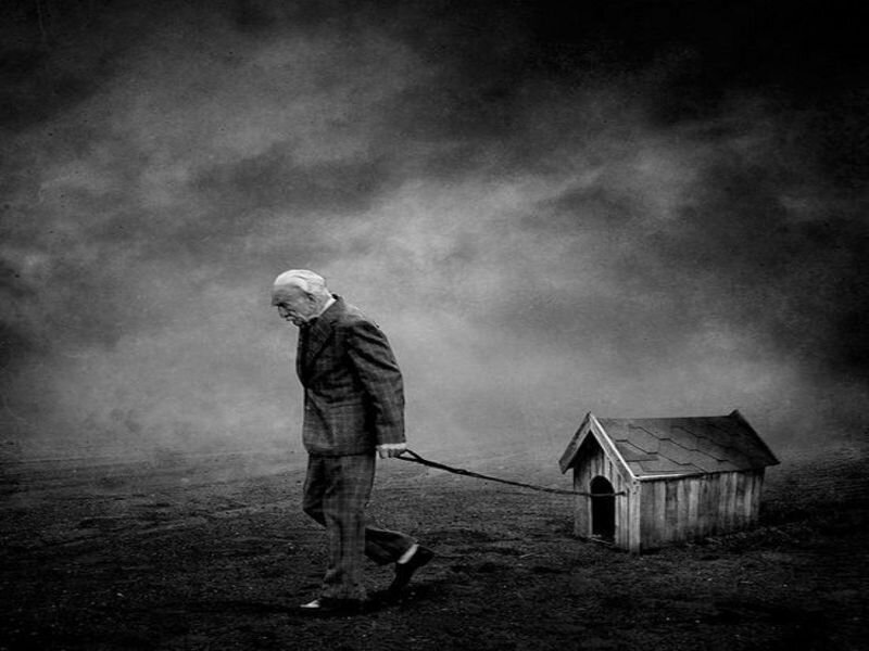 man walking with doghouse