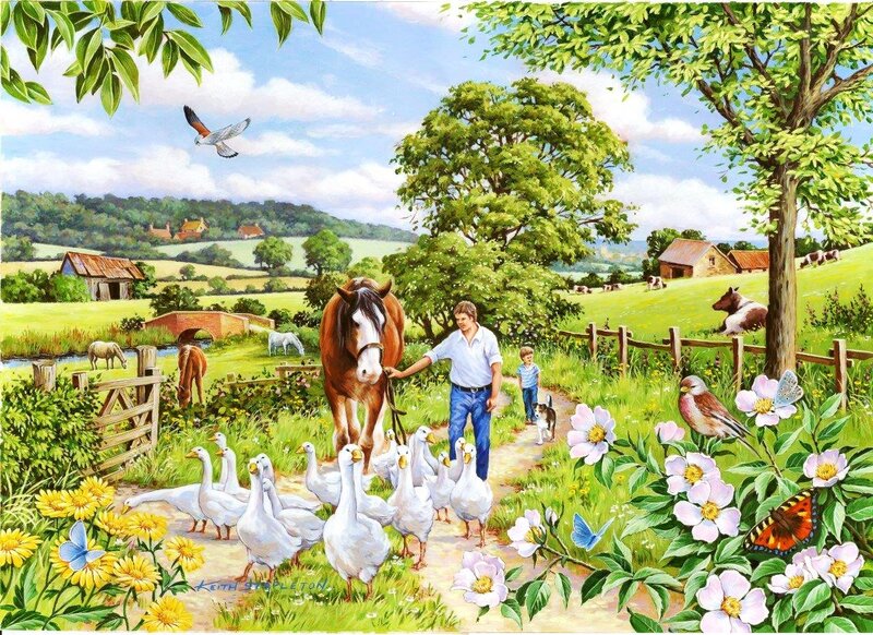 Man Walking with Horse and Geese