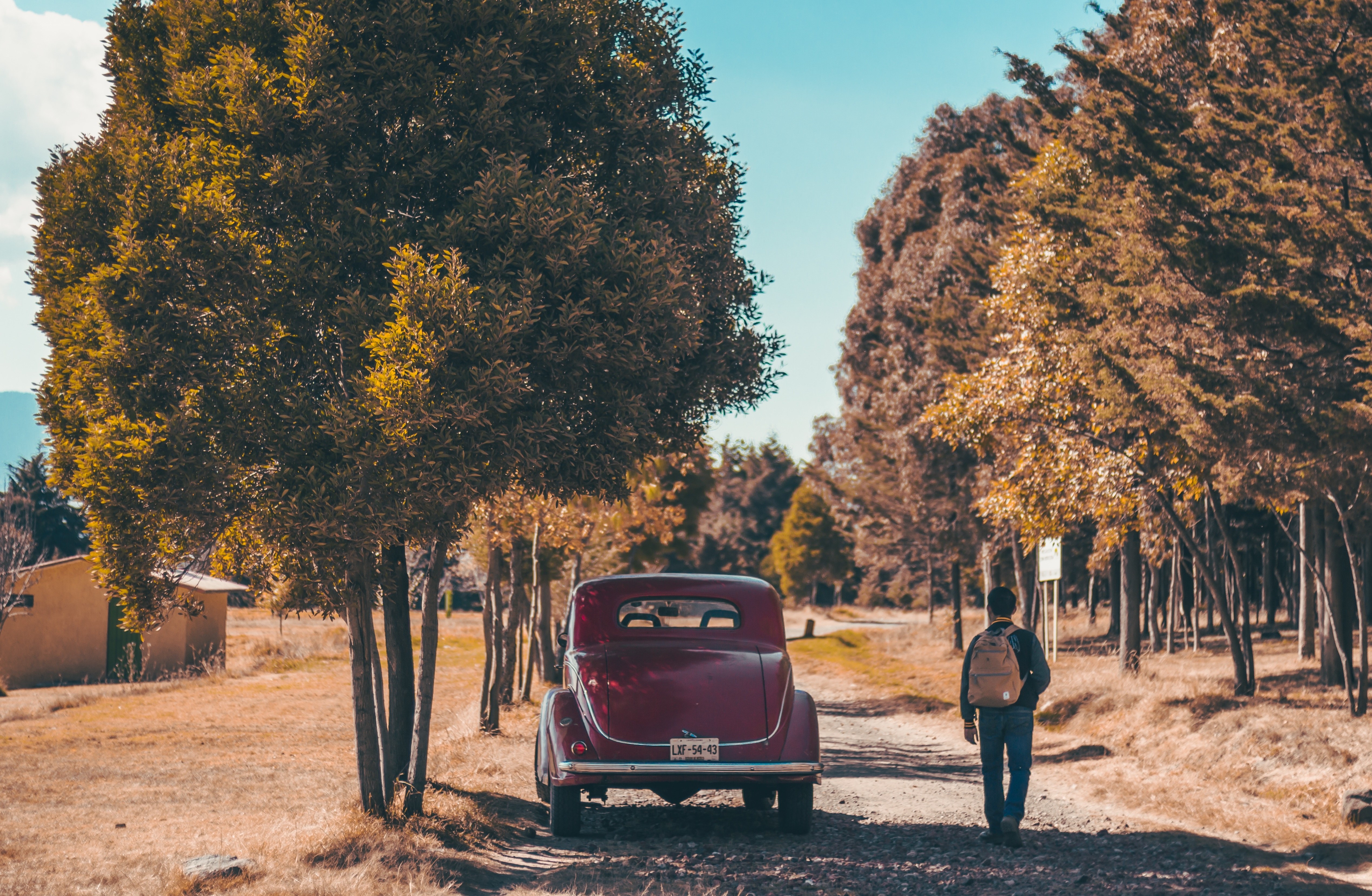 Man walking with vintage car