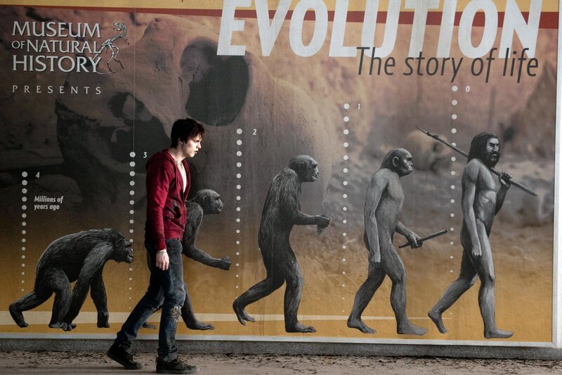 Man walks past evolution mural